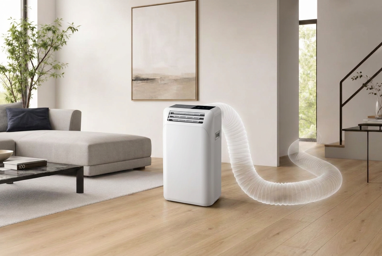 EasyClim 9000 dans un salon — le tuyau extérieur s'efface, symbole d'un climatiseur sans conduit